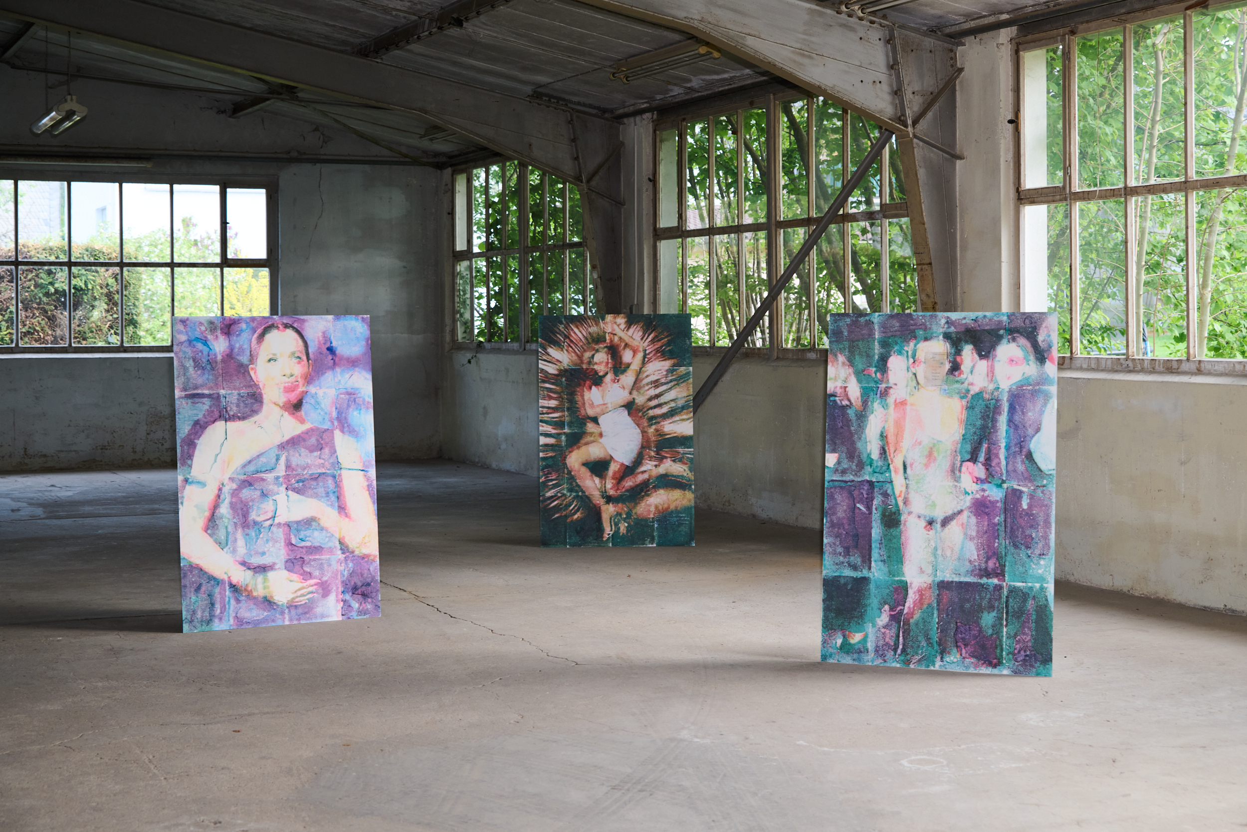 Meghan, Beyoncé, Kate, 2024, series of acetone transfers on drawing papers mounted on aluminium plate