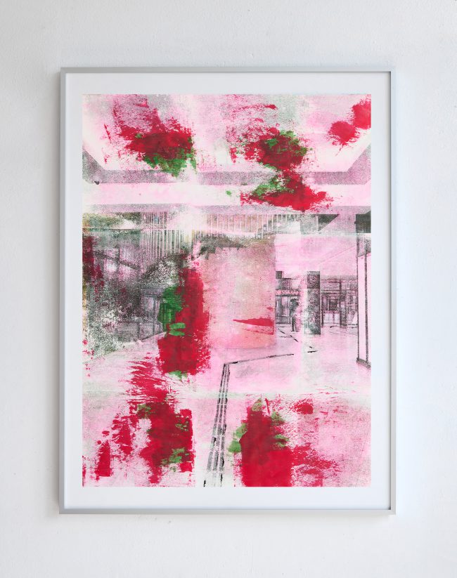 Acetontransfer auf Zeichenpapier, Acrylfarbe, Berliner Orientierungssysteme – Fehrbelliner Platz – 51,5 x 72 cm - Gina Bolle