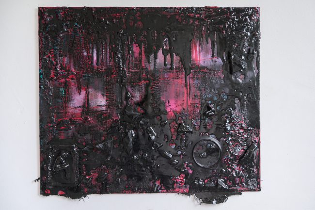 "Self I", assemblage, 2025, acetone paper on aluminium, silicone, collected objects, acrylic paint, Gina Bolle