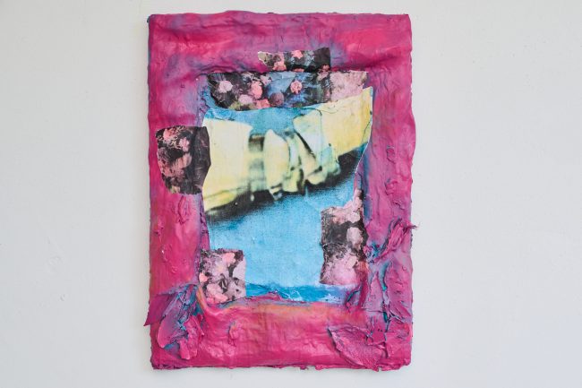 Collage, 2025, acetone papers on aluminium, acrylic paint