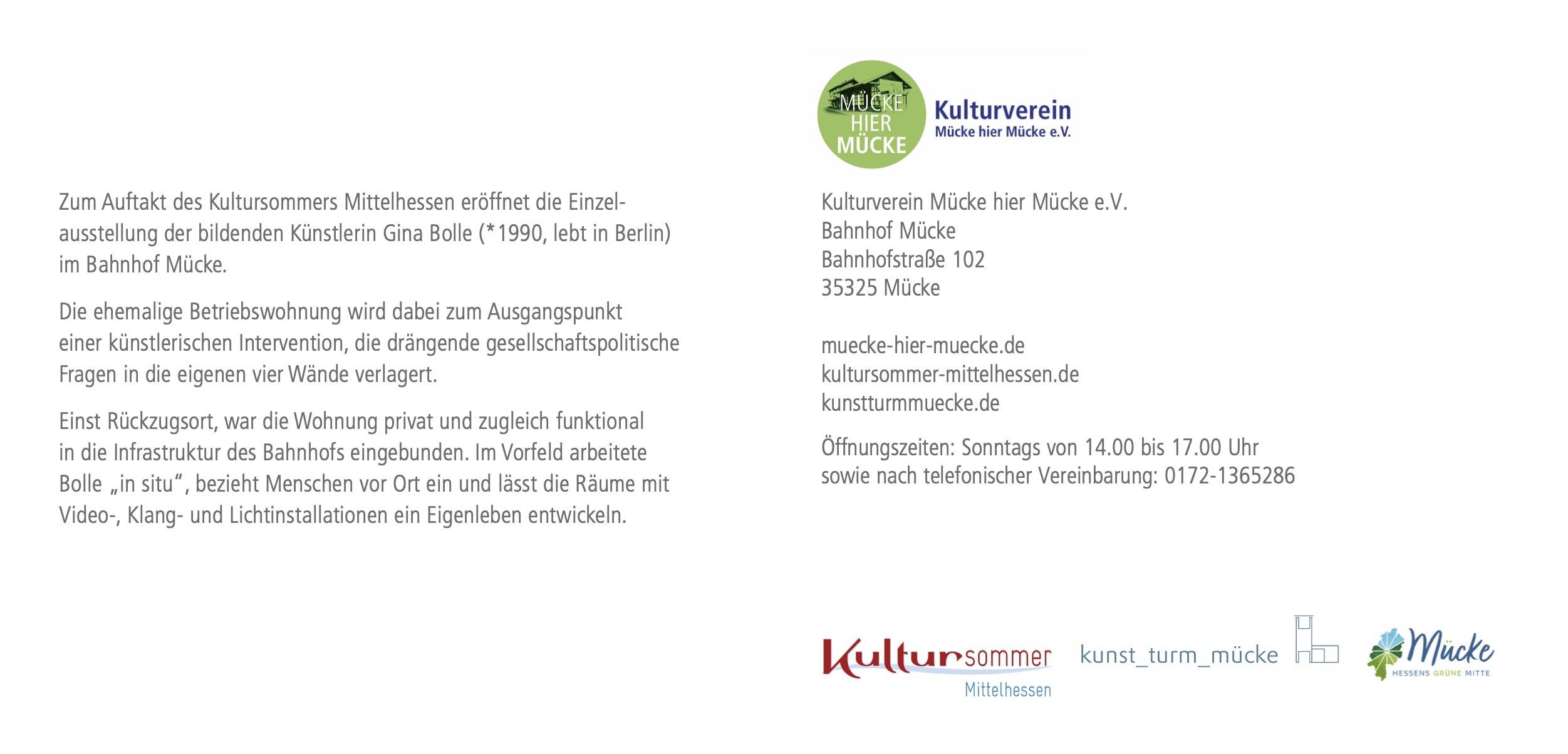 Poetik der Räume ? Gina Bolle Kultursommer Mittelhessen Eröffnung 30.05.2026 Bahnhof Mücke